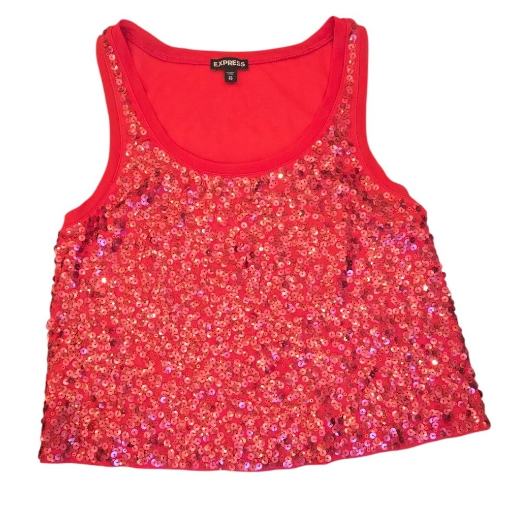 Express Tank Top Red Sequin Scoop Neck‎ Cropped Party Club Holiday Sexy Glam XS